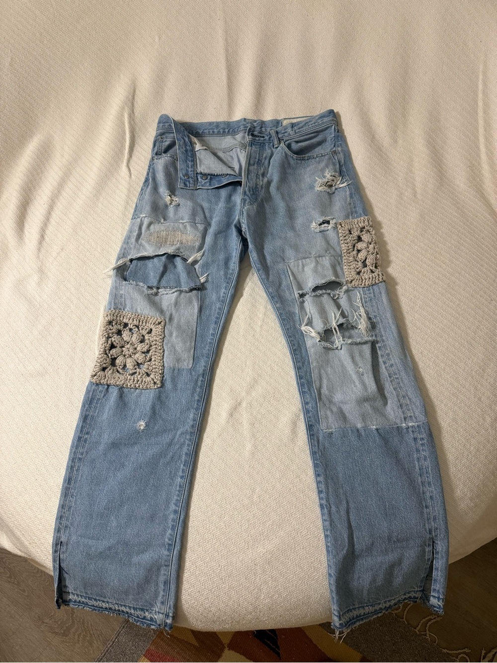 KURO Denim Light Blue Distressed Straight Japanese Denim Crochet Knee Patches